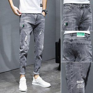 Men's Casual Denim Ripped Cropped Jeans Jogger Pants